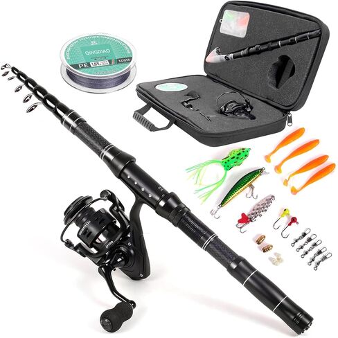 Telescopic Fishing Rod and Reel Combo, Carbon Fiber Collapsible Travel Fishing Pole Kit with Carrier Case & Lures, Anti-Jam Gear for Adults Men Beginners, Freshwater, Saltwater in Kuwait