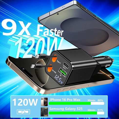 Retractable Car Charger, 120W USB-C Fast Charge 4-in-1 Phone Charger in Kuwait