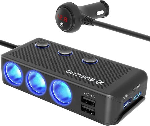 EUGIZMO 7 in 1 Car Cigarette Lighter Splitter,3 Socket 200W Charger Adapter in Kuwait