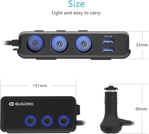 EUGIZMO 7 in 1 Car Cigarette Lighter Splitter,3 Socket 200W Charger Adapter in Kuwait
