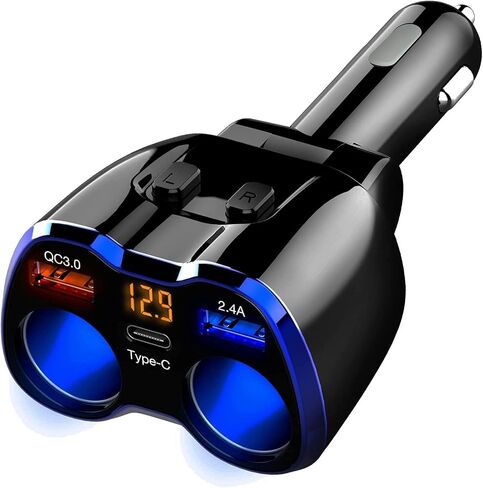 Car Charger, 150W 2-Socket Cigarette Lighter Splitter QC 3.0 Dual USB Ports 1 USB C Fast Car Adapter with Separate Switch LED Voltmeter Replaceable 15A Fuse for GPS/Dash Cam/Phone/iPad in Kuwait