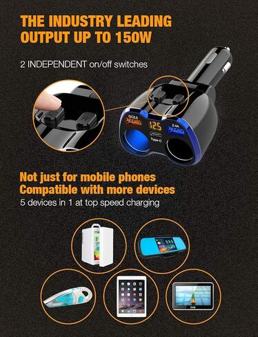 Car Charger, 150W 2-Socket Cigarette Lighter Splitter QC 3.0 Dual USB Ports 1 USB C Fast Car Adapter with Separate Switch LED Voltmeter Replaceable 15A Fuse for GPS/Dash Cam/Phone/iPad in Kuwait