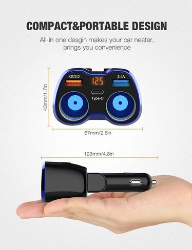 Car Charger, 150W 2-Socket Cigarette Lighter Splitter QC 3.0 Dual USB Ports 1 USB C Fast Car Adapter with Separate Switch LED Voltmeter Replaceable 15A Fuse for GPS/Dash Cam/Phone/iPad in Kuwait