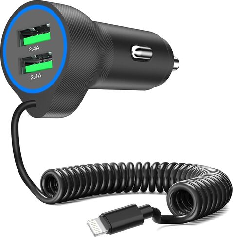 Dual USB Ports Car Charger Adapter with 5FT Coiled Lightning Cable in Kuwait