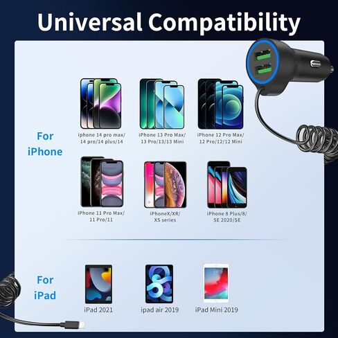 Dual USB Ports Car Charger Adapter with 5FT Coiled Lightning Cable in Kuwait