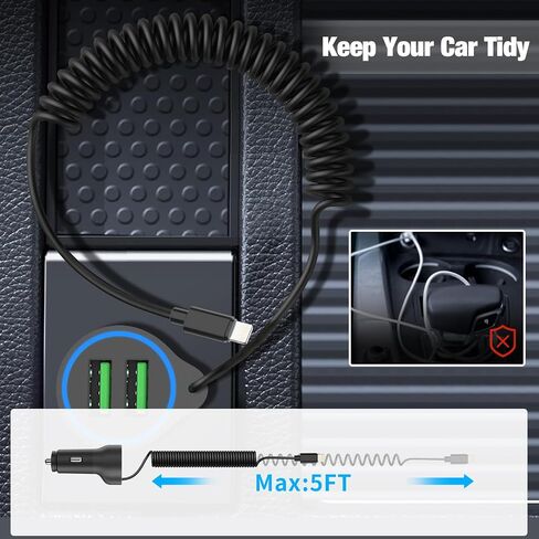 Dual USB Ports Car Charger Adapter with 5FT Coiled Lightning Cable in Kuwait