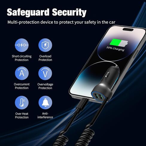 Dual USB Ports Car Charger Adapter with 5FT Coiled Lightning Cable in Kuwait