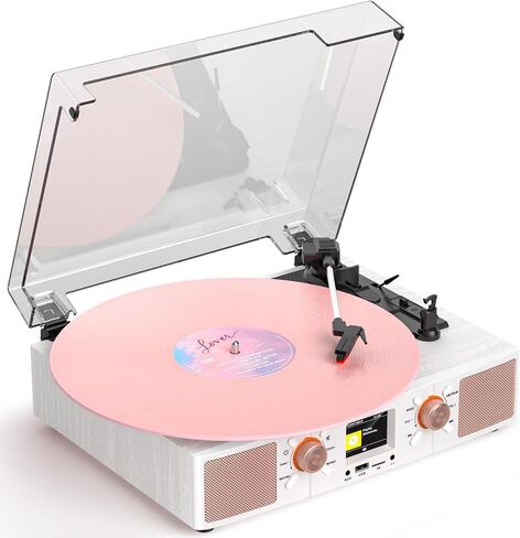 Vinyl Record Player 3-Speed Bluetooth Turntable with Built-in Speakers, USB/TF Playback, LCD Color Display, Alarm, RCA/AUX/Headphone, White & Rose Gold in Saudi Arabia