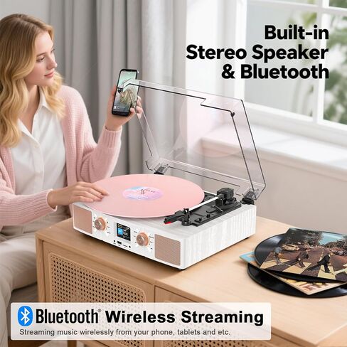 Vinyl Record Player 3-Speed Bluetooth Turntable with Built-in Speakers, USB/TF Playback, LCD Color Display, Alarm, RCA/AUX/Headphone, White & Rose Gold in Saudi Arabia