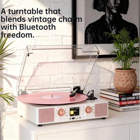 Vinyl Record Player 3-Speed Bluetooth Turntable with Built-in Speakers, USB/TF Playback, LCD Color Display, Alarm, RCA/AUX/Headphone, White & Rose Gold in Saudi Arabia