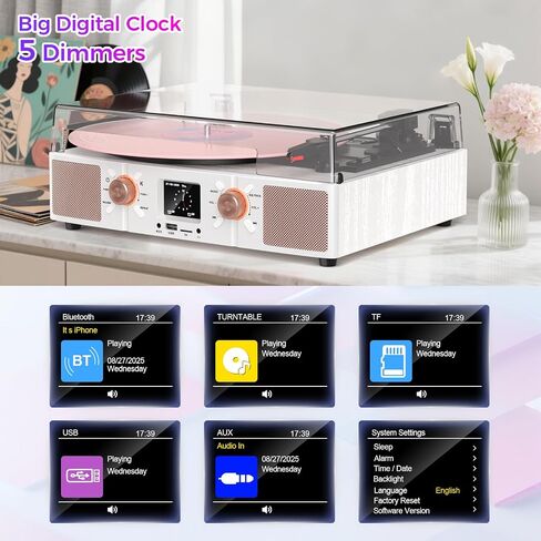 Vinyl Record Player 3-Speed Bluetooth Turntable with Built-in Speakers, USB/TF Playback, LCD Color Display, Alarm, RCA/AUX/Headphone, White & Rose Gold in Saudi Arabia