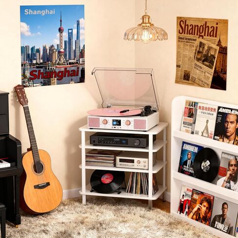 Vinyl Record Player 3-Speed Bluetooth Turntable with Built-in Speakers, USB/TF Playback, LCD Color Display, Alarm, RCA/AUX/Headphone, White & Rose Gold in Saudi Arabia