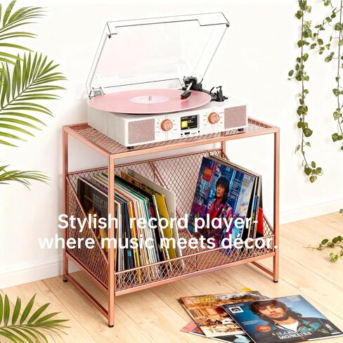 Vinyl Record Player 3-Speed Bluetooth Turntable with Built-in Speakers, USB/TF Playback, LCD Color Display, Alarm, RCA/AUX/Headphone, White & Rose Gold in Saudi Arabia