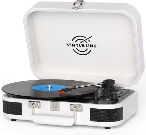 VINYLS LINK Vinyl Record Player Bluetooth, 3-Speed Turntable Vinyl Player with Built-in Stereo Speakers, Portable Suitcase Record Players with Bass/Treble Control, AUX/RCA/Headphone Jack, Blue in Kuwait