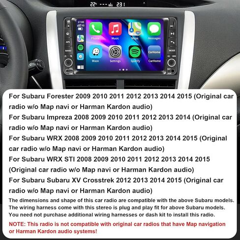 التوصيل والتشغيل راديو السيارة لسوبارو فورستر 2009-2015، امبريزا 2008-2014، WRX 2008-2015، WRX STI 2008-2015، XV Crosstrek 2012-2015.7 بوصة IPS شاشة تعمل باللمس مع Carplay/Android Auto/AM/FM/SWC/30EQ in Kuwait