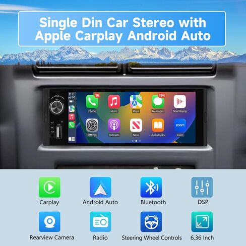 6.36 inch Single Din Car Stereo with CarPlay&Android Auto HD IPS Touchscreen Radio with Bluetooth 5.0, 720P BackupCamera with 6M Cable, Support USB Type-C Charging/USB/Microphone/FM/EQ/GPS/SWC in Kuwait