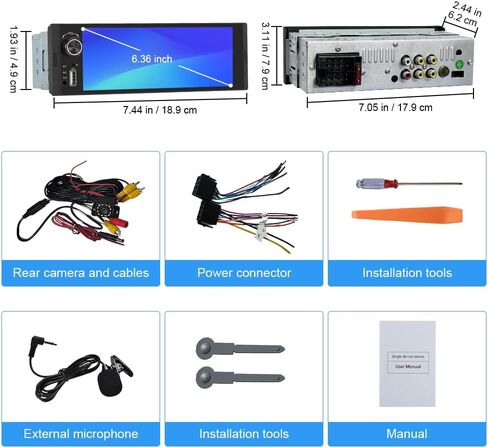 6.36 inch Single Din Car Stereo with CarPlay&Android Auto HD IPS Touchscreen Radio with Bluetooth 5.0, 720P BackupCamera with 6M Cable, Support USB Type-C Charging/USB/Microphone/FM/EQ/GPS/SWC in Kuwait