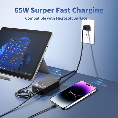 شاحن Surface Pro بقدرة 65 وات، متوافق مع Microsoft Surface Pro 11 10 9 8 7+ 7 6 5 4 3 X، Windows Surface Laptop 7 6 5 4 3 2 1، Go 4 3 2 1، Book 3 2 1، مصدر طاقة بديل للكمبيوتر اللوحي in Kuwait