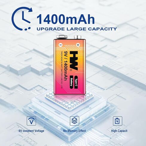HW 9V Rechargeable Batteries 4 Pack, USB-C Lithium for Smoke Detectors in Saudi Arabia
