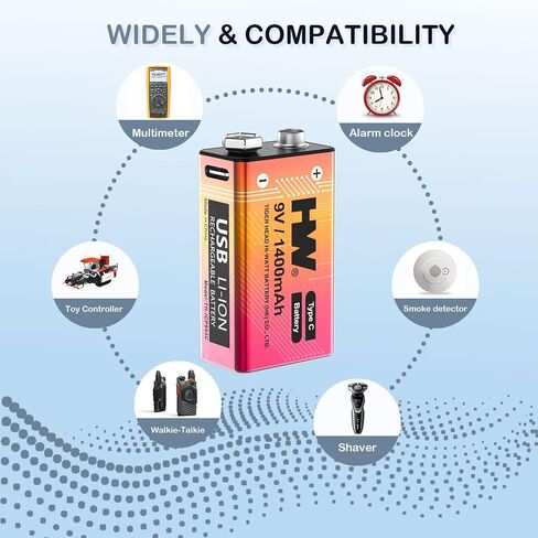 HW 9V Rechargeable Batteries 4 Pack, USB-C Lithium for Smoke Detectors in Saudi Arabia