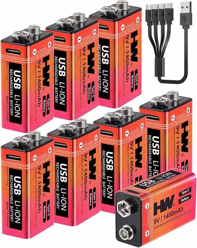 HW 9V Rechargeable Batteries 4 Pack, USB-C Lithium for Smoke Detectors in Saudi Arabia