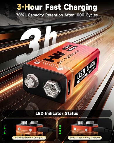 HW 9V Rechargeable Batteries 4 Pack, USB-C Lithium for Smoke Detectors in Saudi Arabia