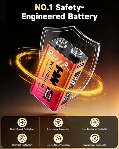 HW 9V Rechargeable Batteries 4 Pack, USB-C Lithium for Smoke Detectors in Saudi Arabia