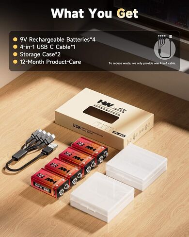 HW 9V Rechargeable Batteries 4 Pack, USB-C Lithium for Smoke Detectors in Saudi Arabia