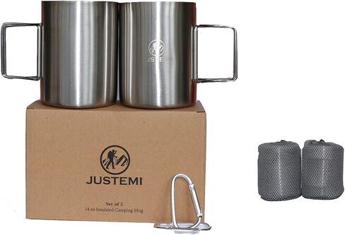 Stainless Steel Camping Coffee Mugs Set of 2,Insulated Camping Cup with Foldable Handle & Mesh Bag,Double Walled Metal Backpacking Cup for Outdoor Hiking（14oz） in Kuwait