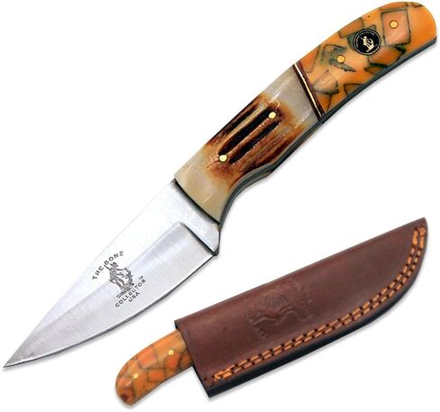 Bone Collector 8.25-Inch Fixed Blade Hunting Knife with Leather Sheath – Full Tang Outdoor Survival Knife with Resin or Wood Handle – Skinning, Camping, Bushcraft (Burn Bone) in Kuwait