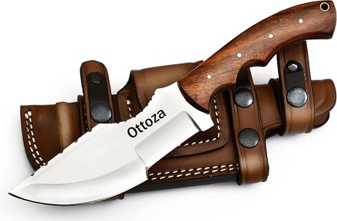 سكين تعقب للتخييم من الفولاذ Ottoza D2 بمقبض خشبي وغمد جلدي للحمل الأفقي - سكين صيد خارجي كامل تانغ 116 in Kuwait