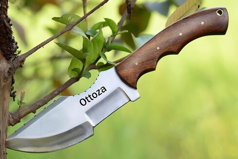 سكين تعقب للتخييم من الفولاذ Ottoza D2 بمقبض خشبي وغمد جلدي للحمل الأفقي - سكين صيد خارجي كامل تانغ 116 in Kuwait
