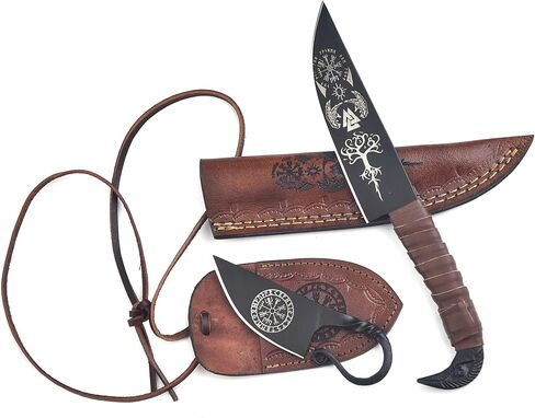 Viking Knives Hand Forged Carbon Steel Blade Odin's Raven Norse Styled Celtic knifes Neck Necklace gift with Leather Sheath - Unique Medieval Seax Styl (Forge) in Saudi Arabia