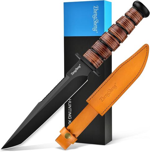 ZhengSheng 7.0 Inch Full Tang Bowie Fixed Blade Knife, DC53 Steel Blade with PVD Titanium Coating, Matching Protective Leather Sheath for Outdoor Camping Hiking Survival in Kuwait