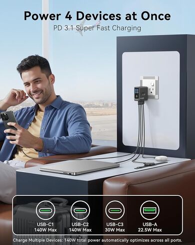 MOKiN 140W USB C Charger, 4-Port Smart Display GaN Fast Charger for MacBook in Kuwait