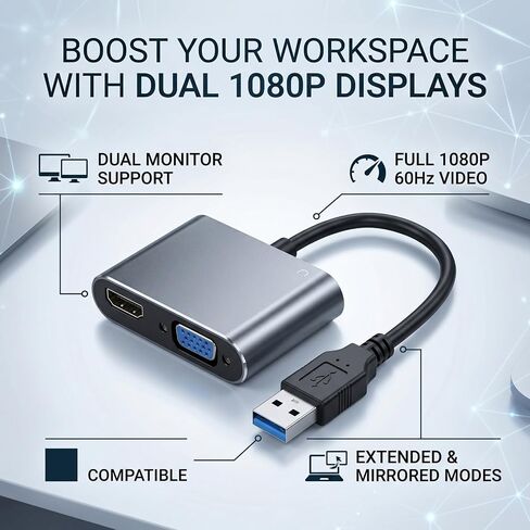 GOWENIC USB 3.0 to HDMI VGA Adapter, USB to VGA HDMI Adapter Cable for 2 Monitors, 1920 * 1080P Full HD Display Video Converter for 7/8/8.1/10, OS Systems in Saudi Arabia