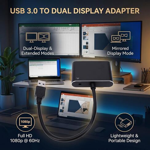 EVGATSAUTO USB 3.0 to VGA Adapter, USB 3.0 to VGA Converter Dual Monitor Adapter Supports 2 External Displays 60Hz for OS X Driver Free Installation in Saudi Arabia