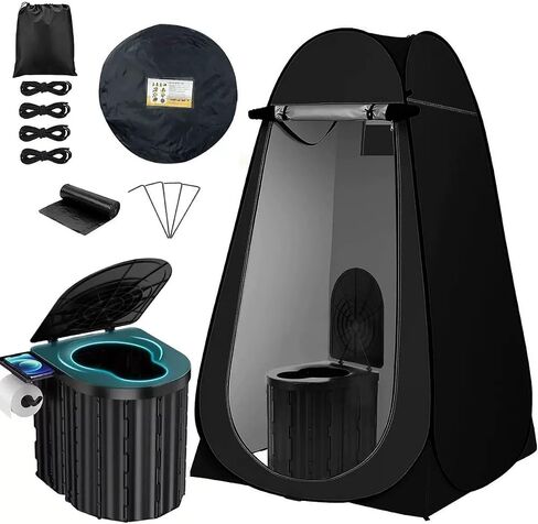 XL Portable Toilet Kit for Adults, Large Camping Toilet with Comfortable Seat, Pop-Up Privacy Tent and Toilet Bags, Portable Outdoor Bathroom for Camping, Travel and Emergencies, Matte Black in Saudi Arabia