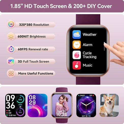 Smart Watches for Women, 1.85" HD Smart Watch Compatible iPhone/Samsung/Android (Answer/Make Call), Fitness Watch with Heart Rate/Sleep/SpO2 Monitor, SmartWatch 3ATM Waterproof, 120+ Sport Modes Alexa in Kuwait
