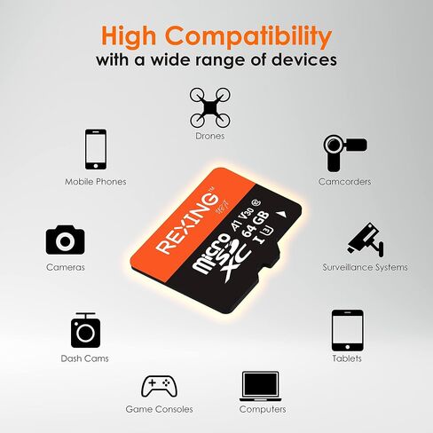 RexingUSA 64GB microSDXC UHS-3 4K Full HD Video High Speed Transfer Monitoring SD Card with Adapter for Dash Cams, Surveillance System, Security Camera, & Body Cam in Kuwait
