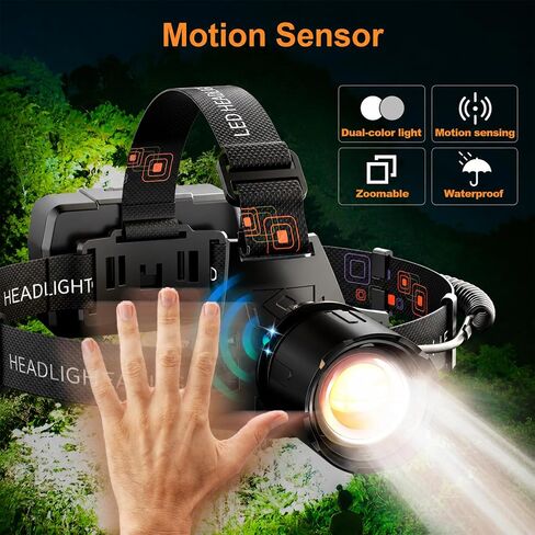 SKYFIRE Rechargeable Headlamp 3000 Lumens, LED Brightest Headlamps for Adults with 7500mAh Battery, Motion Sensor Waterproof Headlamp for Camping Hiking Hunting - Dual Light Sources Warm & White Light in Kuwait