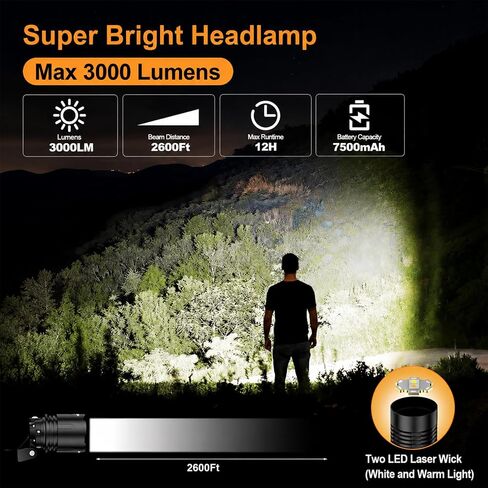 SKYFIRE Rechargeable Headlamp 3000 Lumens, LED Brightest Headlamps for Adults with 7500mAh Battery, Motion Sensor Waterproof Headlamp for Camping Hiking Hunting - Dual Light Sources Warm & White Light in Kuwait