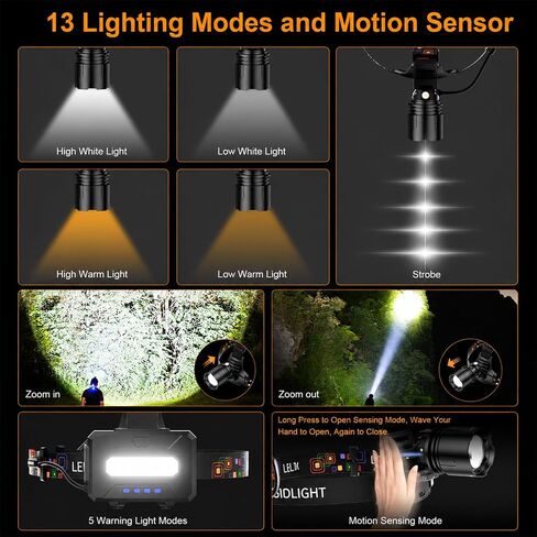 SKYFIRE Rechargeable Headlamp 3000 Lumens, LED Brightest Headlamps for Adults with 7500mAh Battery, Motion Sensor Waterproof Headlamp for Camping Hiking Hunting - Dual Light Sources Warm & White Light in Kuwait