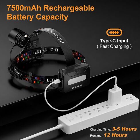 SKYFIRE Rechargeable Headlamp 3000 Lumens, LED Brightest Headlamps for Adults with 7500mAh Battery, Motion Sensor Waterproof Headlamp for Camping Hiking Hunting - Dual Light Sources Warm & White Light in Kuwait