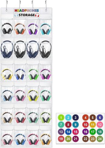 Headphone Storage Classroom Headphone Organizer 24 Pockets PVC Clear Organizer Holder for School Cell Phones Calculators, with Headphone Storage Stickers & Number Stickers in Kuwait