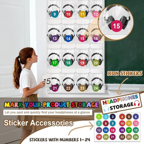 Headphone Storage Classroom Headphone Organizer 24 Pockets PVC Clear Organizer Holder for School Cell Phones Calculators, with Headphone Storage Stickers & Number Stickers in Kuwait