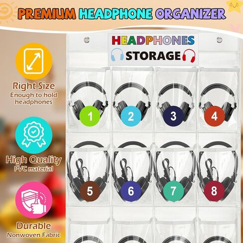 Headphone Storage Classroom Headphone Organizer 24 Pockets PVC Clear Organizer Holder for School Cell Phones Calculators, with Headphone Storage Stickers & Number Stickers in Kuwait