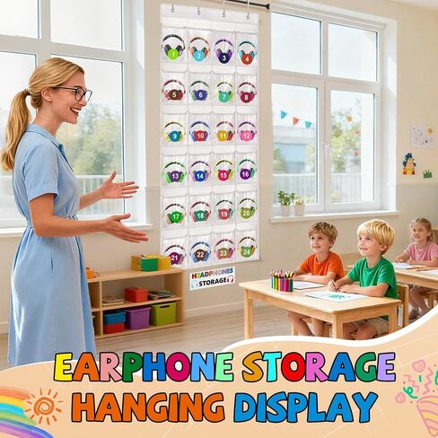 Headphone Storage Classroom Headphone Organizer 24 Pockets PVC Clear Organizer Holder for School Cell Phones Calculators, with Headphone Storage Stickers & Number Stickers in Kuwait