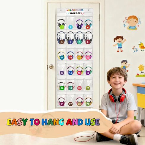 Headphone Storage Classroom Headphone Organizer 24 Pockets PVC Clear Organizer Holder for School Cell Phones Calculators, with Headphone Storage Stickers & Number Stickers in Kuwait