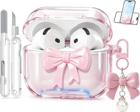 for Airpods Pro 3 Case Pink 2025 with Safety Lock & Phone Stand, 3D Bow Clear iPod Pro 3 Cases with Cute Keychain & Cleaning Kit, Soft TPU Cover for AirPods Pro 3rd Generation Case Girls Women in Saudi Arabia
